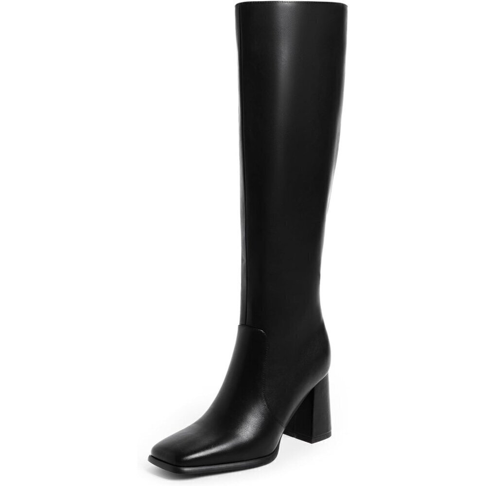 🆕Modatope Long Boots Women Black Faux Leather Knee High Chunky Square Toe Boots